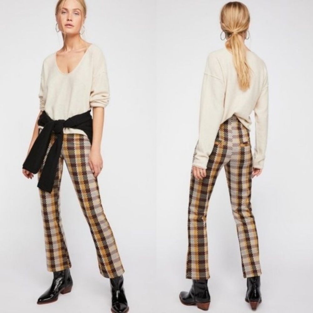 Free People Plaid Pattern Yellow Brown White Straight Leg Pants Style